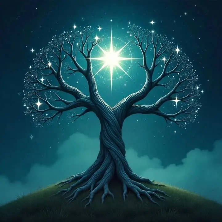 A mystical digital illustration of a tree of life under a starry night sky, symbolizing spiritual awakening and the light of Sophia.